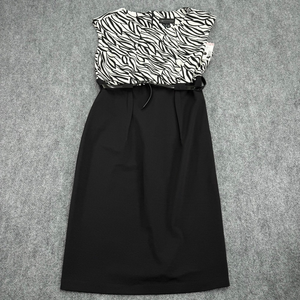 Connected Apparel Dress Womens 12 Black White Ottoman Animal Print Belted NWT
